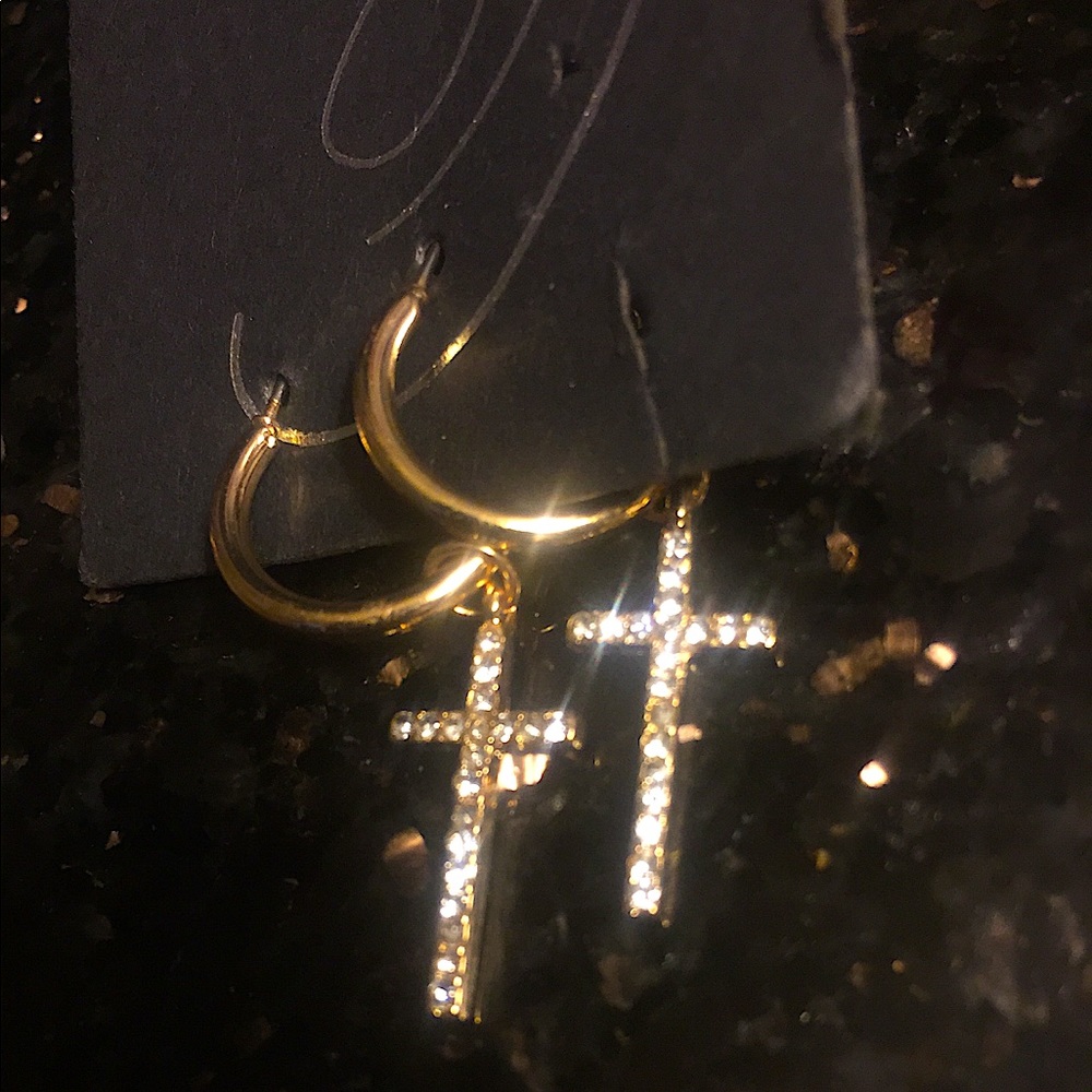✨ Golden Cross Diamond Dangle Earrings —